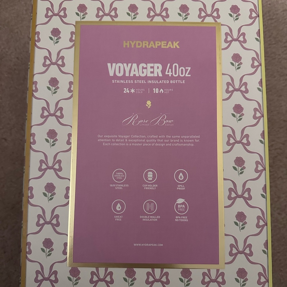 Hydrapeak Voyager 40oz Tumbler with Straw - Pink & White Bow Design - Brand New - Picture 5 of 5